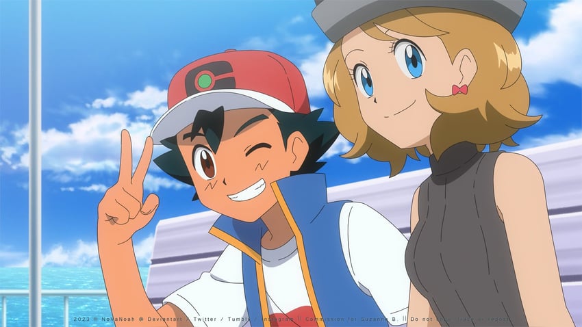 ash ketchum and serena (pokemon and 2 more) drawn by noelia_ponce
