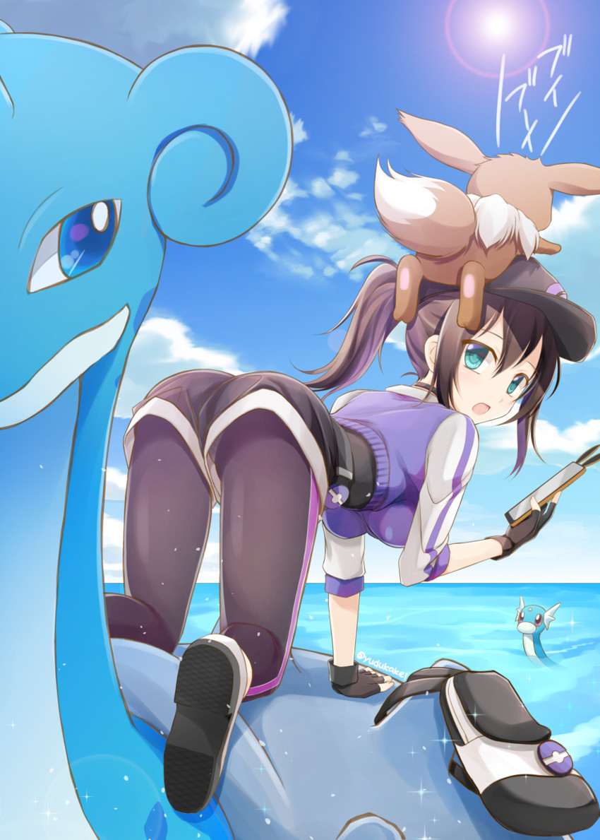 eevee, lapras, female protagonist, and dratini (pokemon and 1 more) drawn by yuuzuka_kei