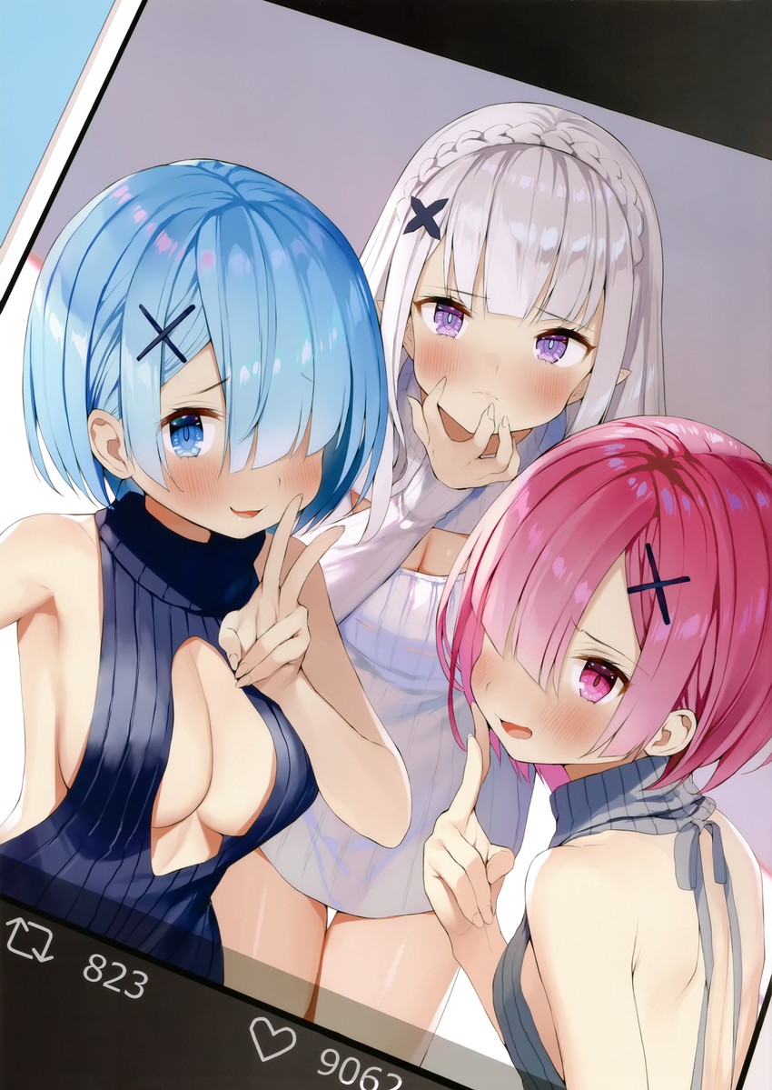 rem, emilia, and ram (re:zero kara hajimeru isekai seikatsu) drawn by gaou_(umaiyo_puyoman)