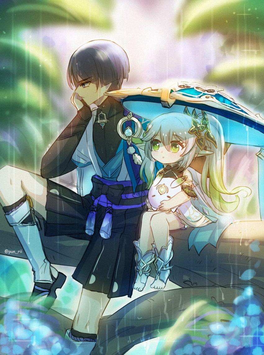 scaramouche, nahida, and wanderer (genshin impact) drawn by pun-rii