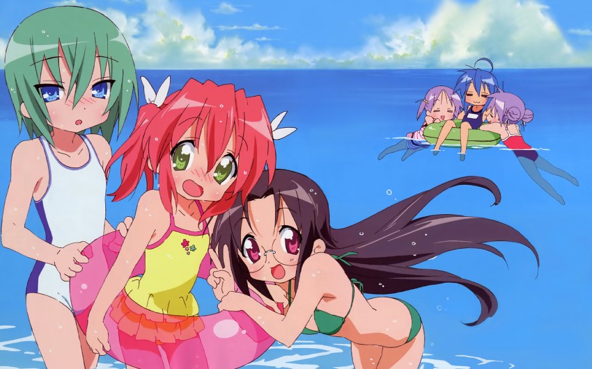hiiragi kagami, izumi konata, hiiragi tsukasa, kobayakawa yutaka, iwasaki minami, and 1 more (lucky star) drawn by nishiya_futoshi