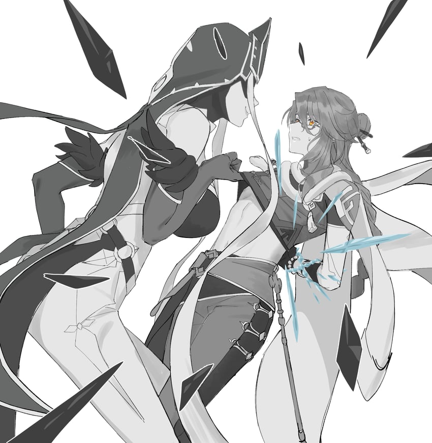 baizhu, changsheng, and mirror maiden (genshin impact) drawn by usushio_oishii