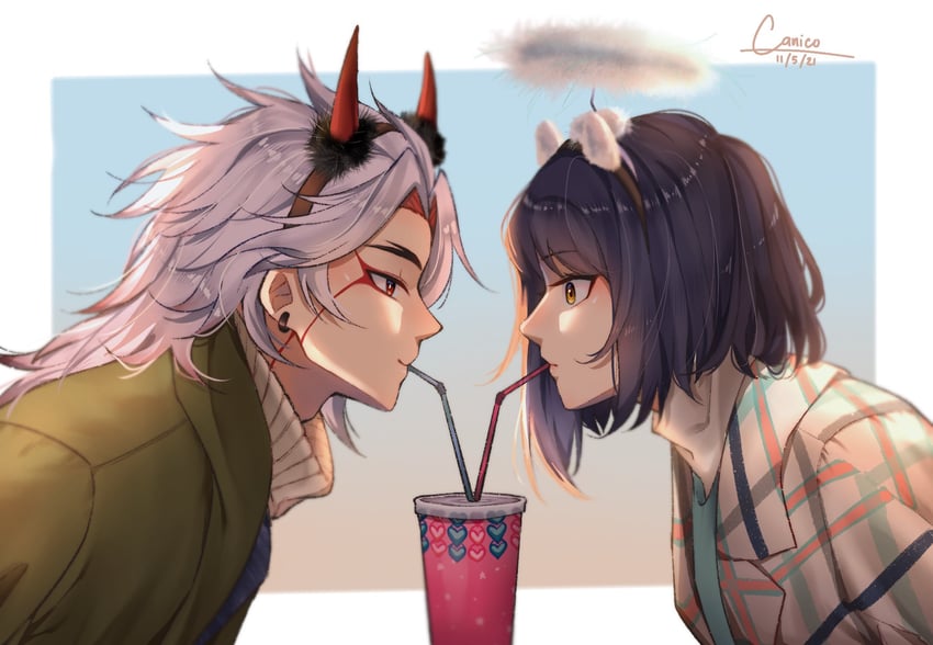 kujou sara and arataki itto (genshin impact) drawn by canicoooo