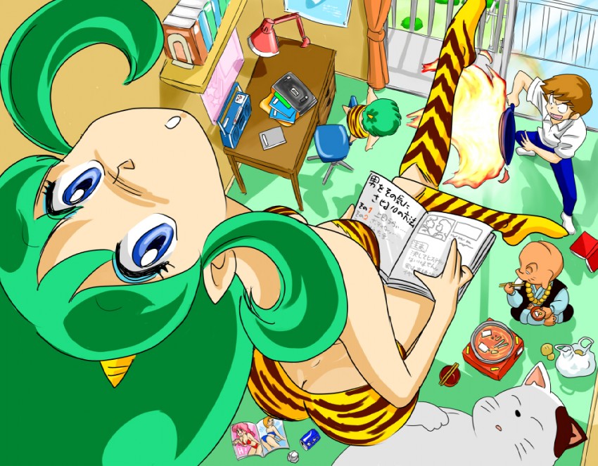 lum, moroboshi ataru, ten, cherry, and kotatsu-neko (urusei yatsura) drawn by ghost_(mausuman34)