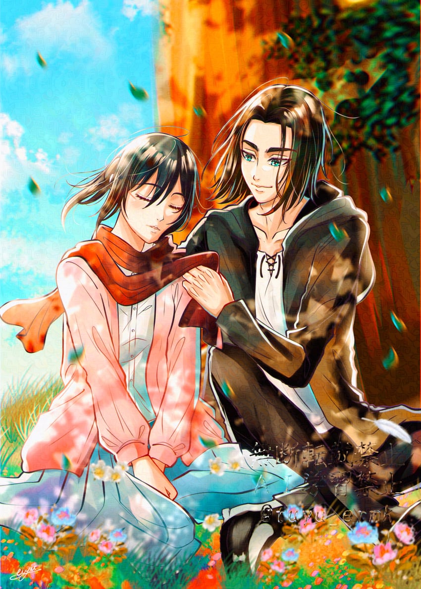 mikasa ackerman and eren yeager (shingeki no kyojin) drawn by tuyu_ermk