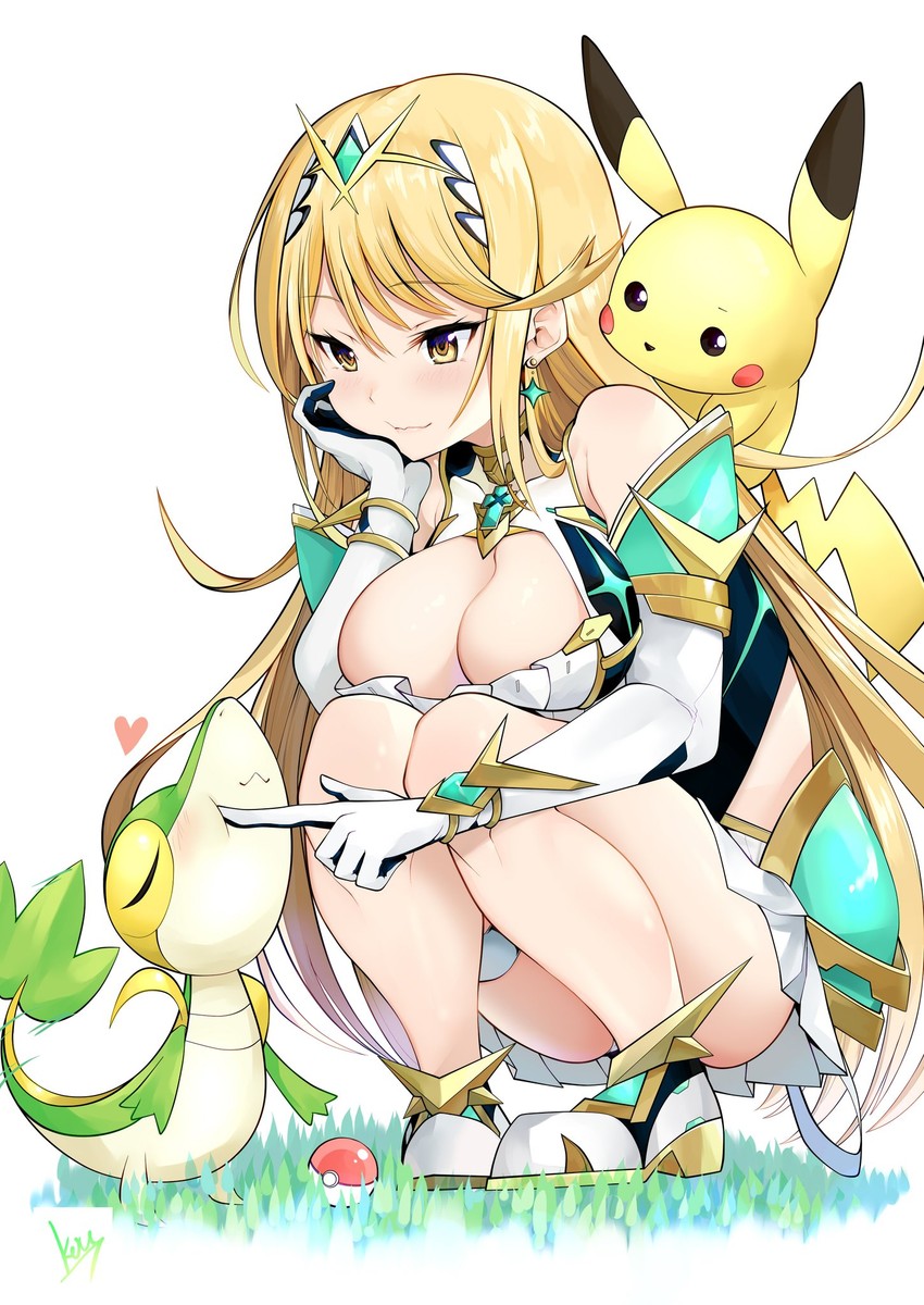 pikachu, mythra, and snivy (pokemon and 2 more) drawn by daive