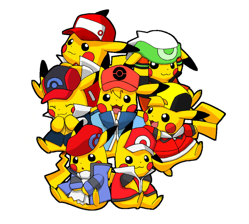 pikachu, ash ketchum, red, ethan, hilbert, and 2 more (pokemon and 7 more) drawn by pokachuu