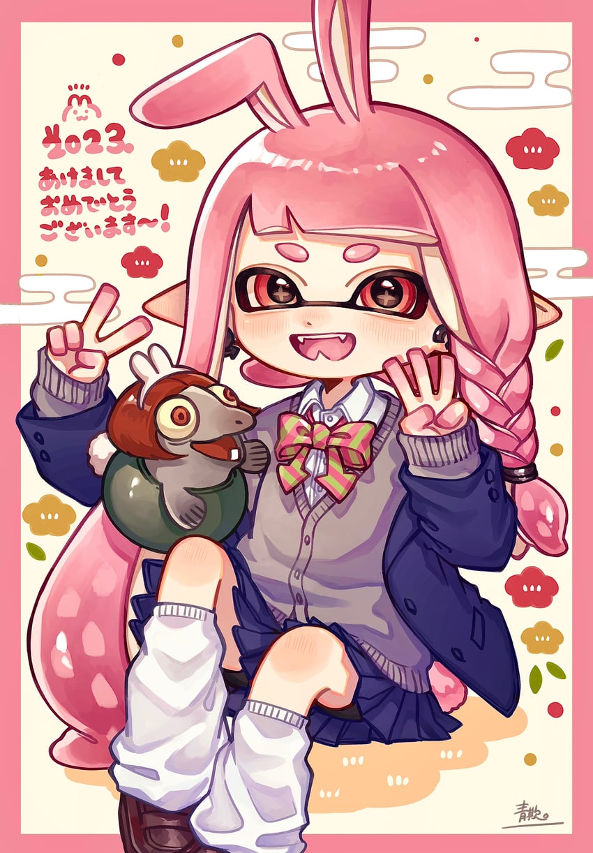 inkling player character, inkling girl, and smallfry (splatoon and 1 more) drawn by aoaza_83