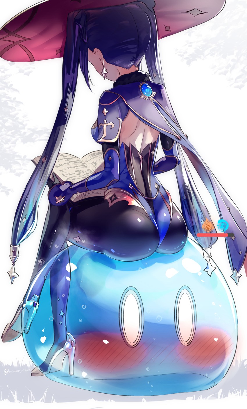 mona, slime, and hydro slime (genshin impact) drawn by uenoryoma