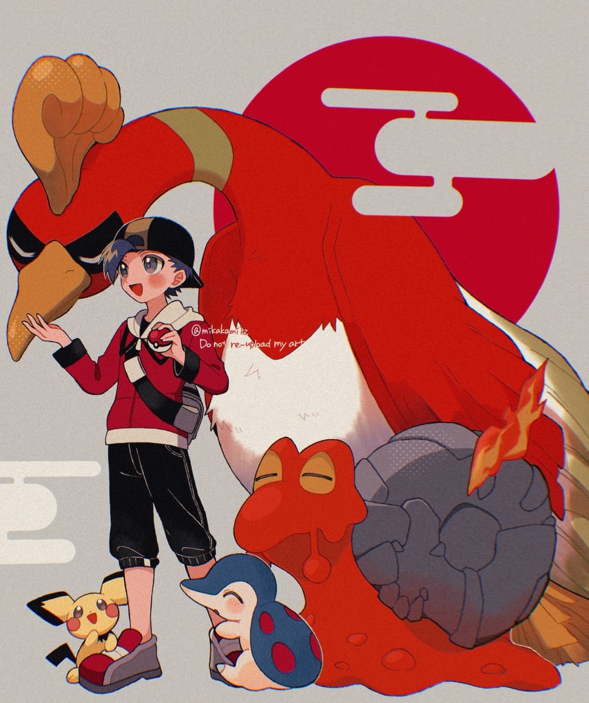 ethan, cyndaquil, pichu, ho-oh, and magcargo (pokemon and 1 more) drawn by mikakami1e