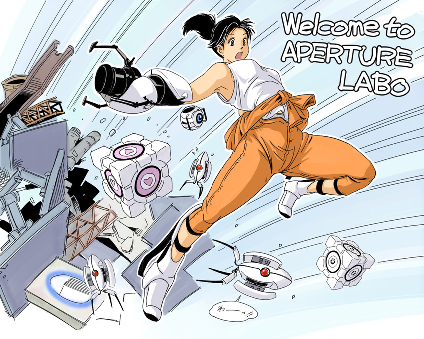 chell, aperture science weighted companion cube, sentry turret, and wheatley (portal and 2 more) drawn by aoino_broome