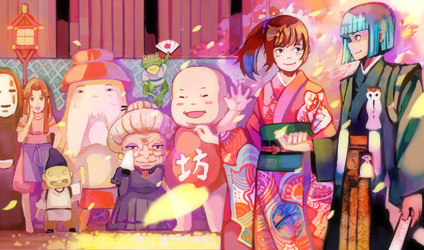 ogino chihiro, haku, kaonashi, bou, lin, and 3 more (sen to chihiro no kamikakushi) drawn by unhai