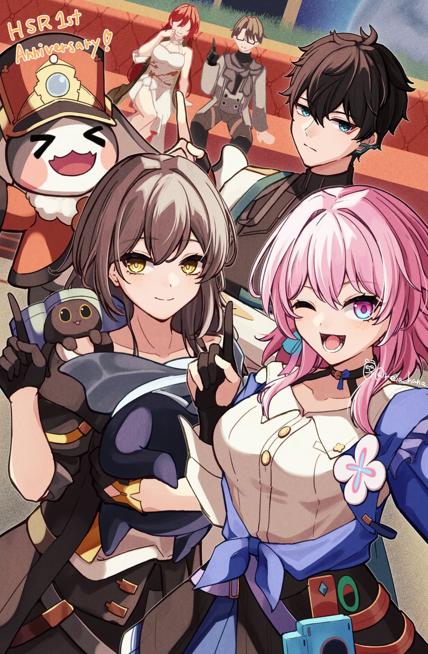 trailblazer, stelle, march 7th, dan heng, himeko, and 4 more (honkai and 1 more) drawn by reia_hana