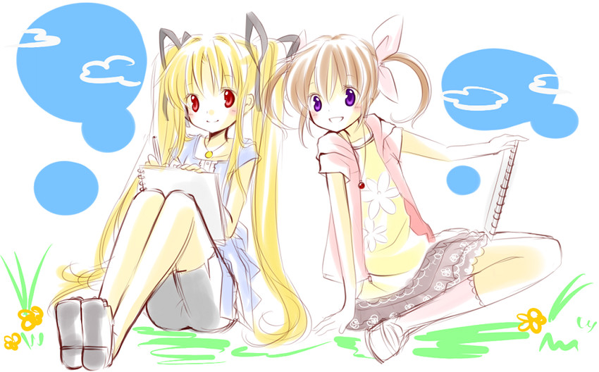 fate testarossa, takamachi nanoha, and raising heart (lyrical nanoha and 2 more) drawn by miyama_rikka