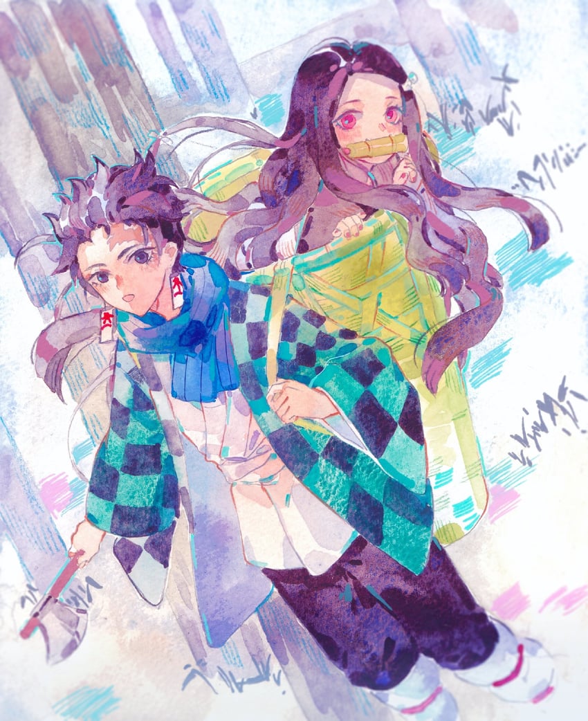 kamado nezuko and kamado tanjirou (kimetsu no yaiba) drawn by yanmian_(printemps-noir)