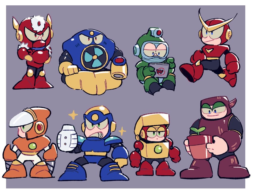 quick man, metal man, air man, flash man, crash man, and 3 more (mega man and 1 more) drawn by 1278mkyp