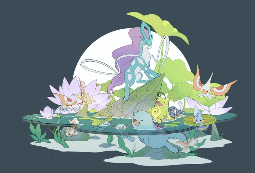 mudkip, wooper, quagsire, suicune, poliwag, and 5 more (pokemon) drawn by lanjiujiu