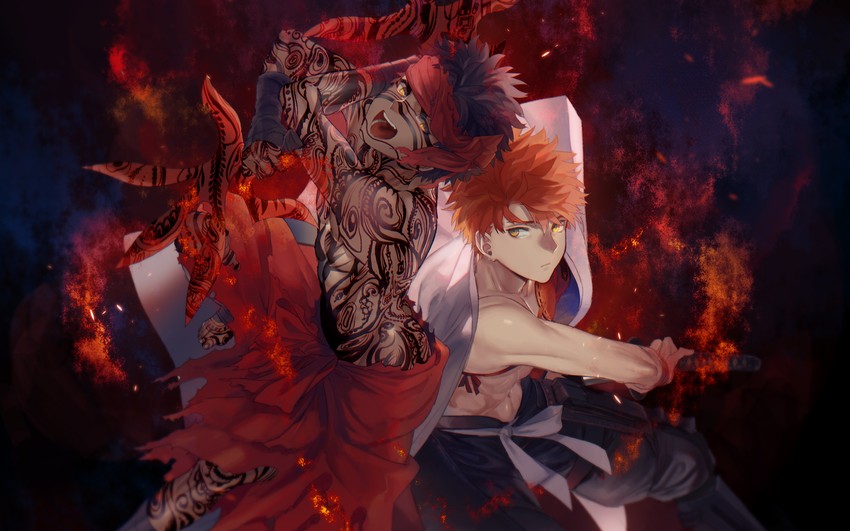 emiya shirou, senji muramasa, and angra mainyu (fate and 3 more) drawn by yucca_(sui_linx)