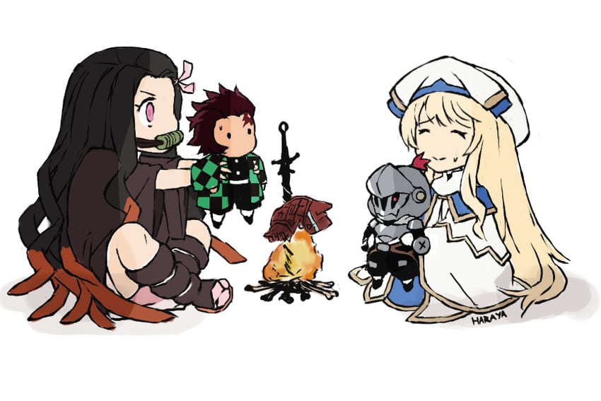 kamado nezuko, kamado tanjirou, priestess, and goblin slayer (kimetsu no yaiba and 1 more) drawn by haraya_manawari