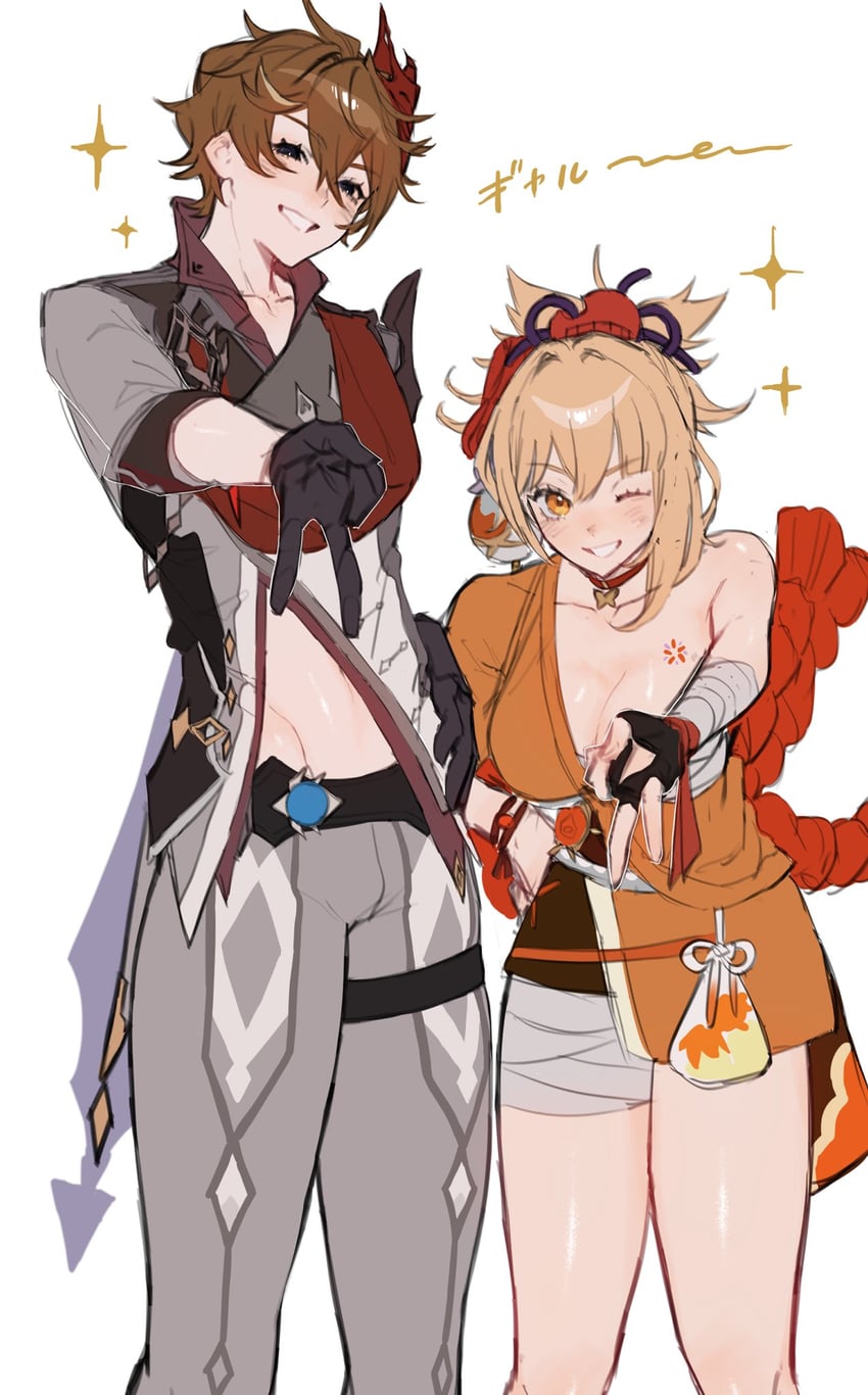 tartaglia and yoimiya (genshin impact) drawn by zxor1q0