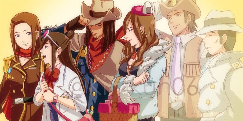 ema skye, lana skye, angel starr, jake marshall, neil marshall, and 1 more (ace attorney and 1 more) drawn by kiora06