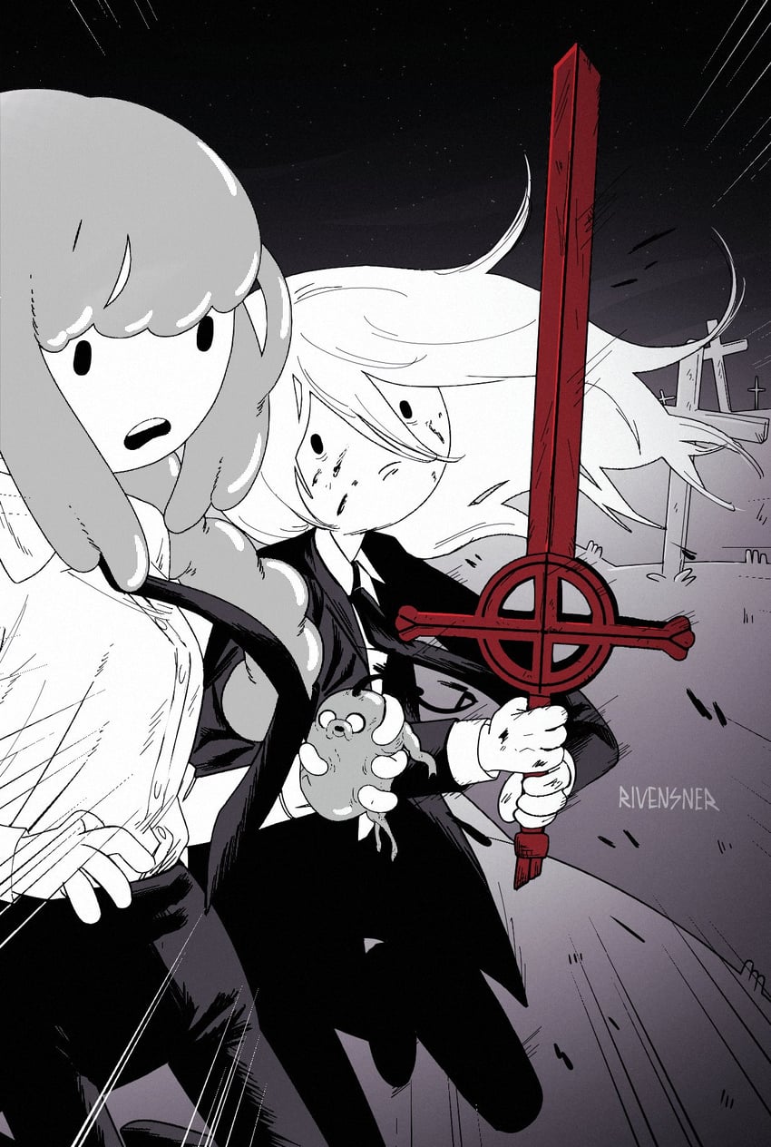 princess bonnibel bubblegum, finn the human, and jake the dog (chainsaw man and 1 more) drawn by rivensner