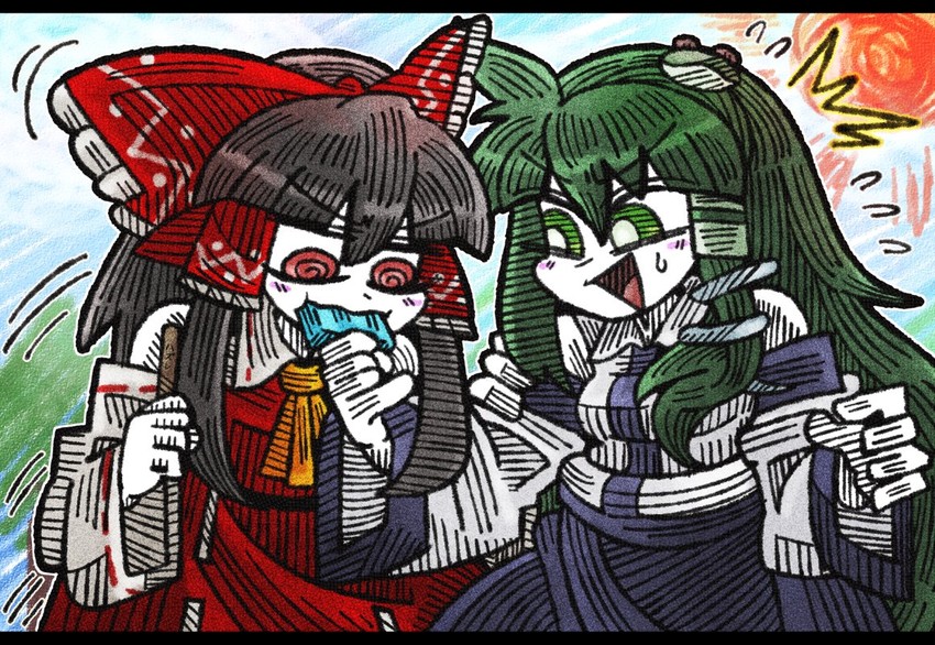 hakurei reimu and kochiya sanae (touhou) drawn by suenari_(peace)