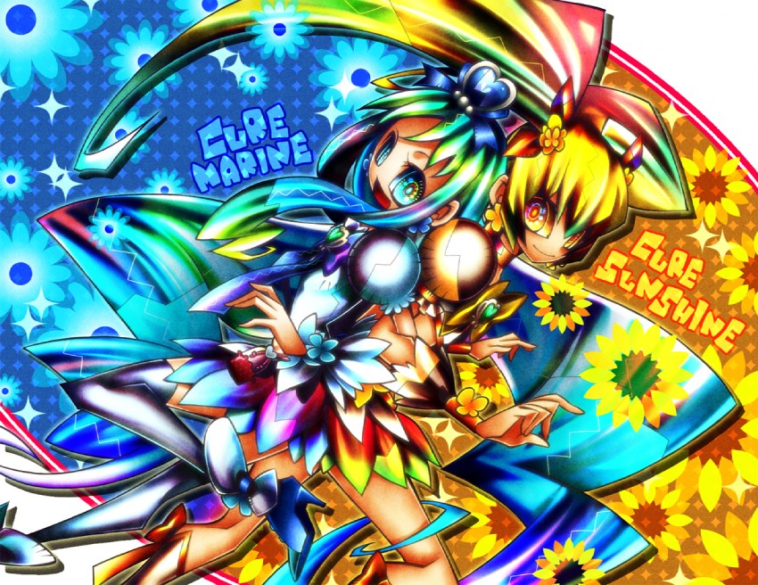 kurumi erika, myoudouin itsuki, cure marine, and cure sunshine (precure and 1 more) drawn by senmu_(0107)