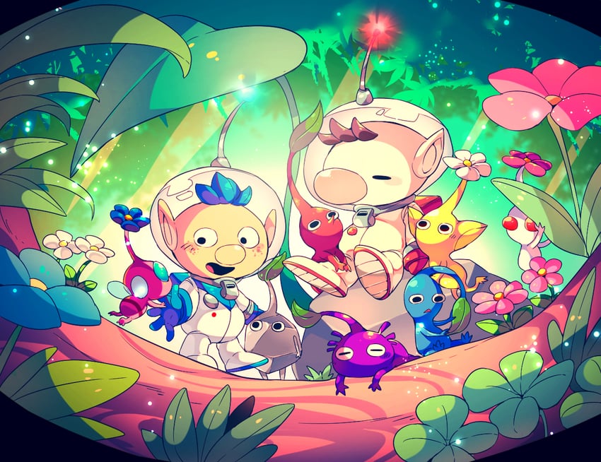 red pikmin, olimar, yellow pikmin, blue pikmin, purple pikmin, and 4 more (pikmin) drawn by shirushiki