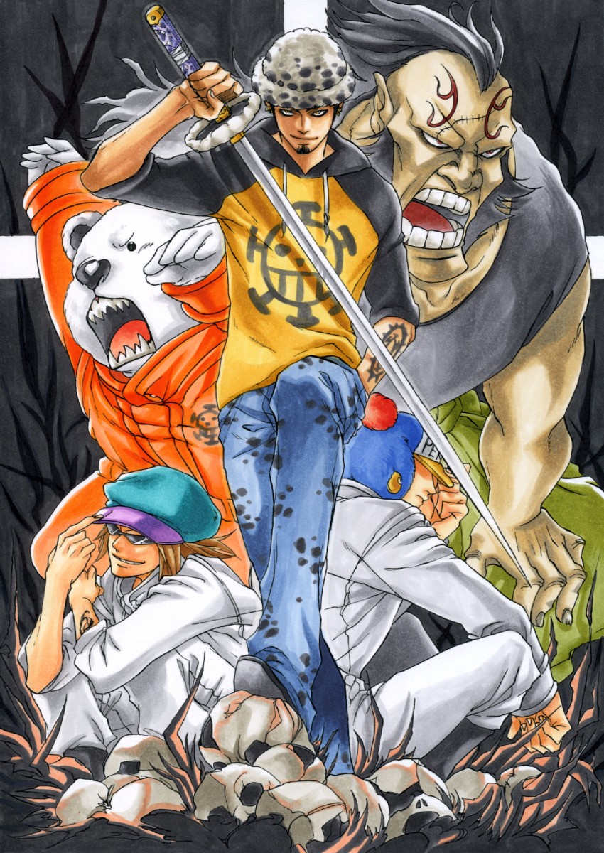 trafalgar law, bepo, penguin, shachi, and jean bart (one piece) drawn by sassaman