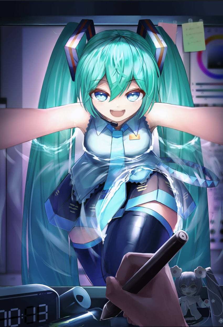 hatsune miku, magical mirai miku, and master (vocaloid and 1 more) drawn by xmxing