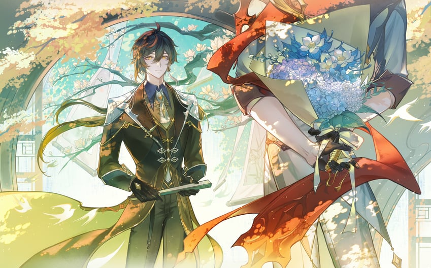 zhongli and tartaglia (genshin impact) drawn by sanqianjiu