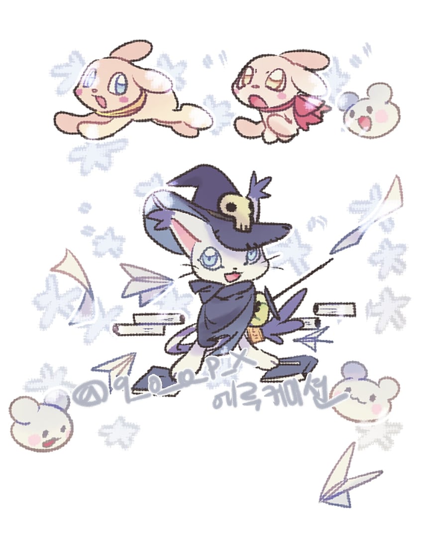 tailmon, wizarmon, plotmon, and yukimibotamon (digimon) drawn by q_o_o_p_x