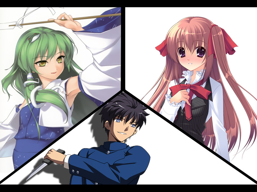 kochiya sanae, nanaya shiki, and urabe akira (touhou and 2 more) drawn by rokuwata_tomoe, takepon, and takeuchi_takashi