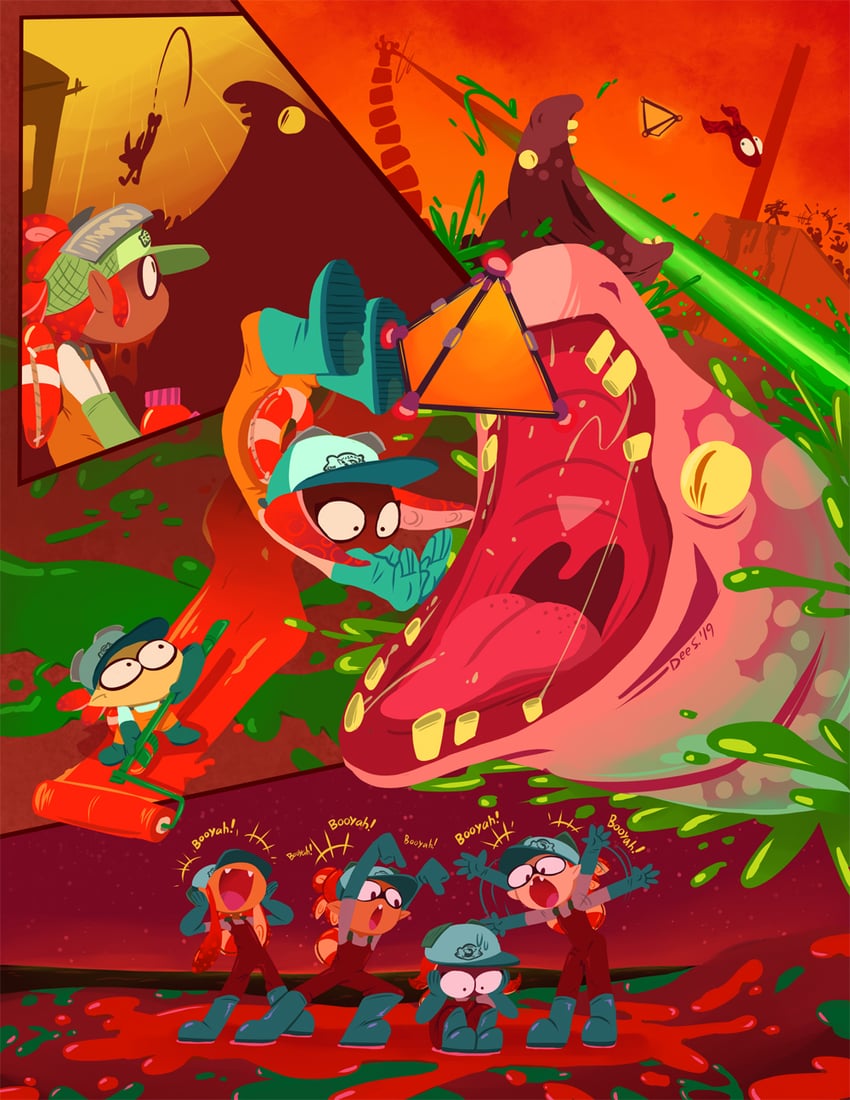 inkling player character, inkling girl, octoling player character, octoling girl, inkling boy, and 3 more (splatoon and 1 more) drawn by prodigalbeam