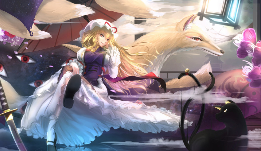 yakumo yukari, yakumo ran, and chen (touhou) drawn by kikivi
