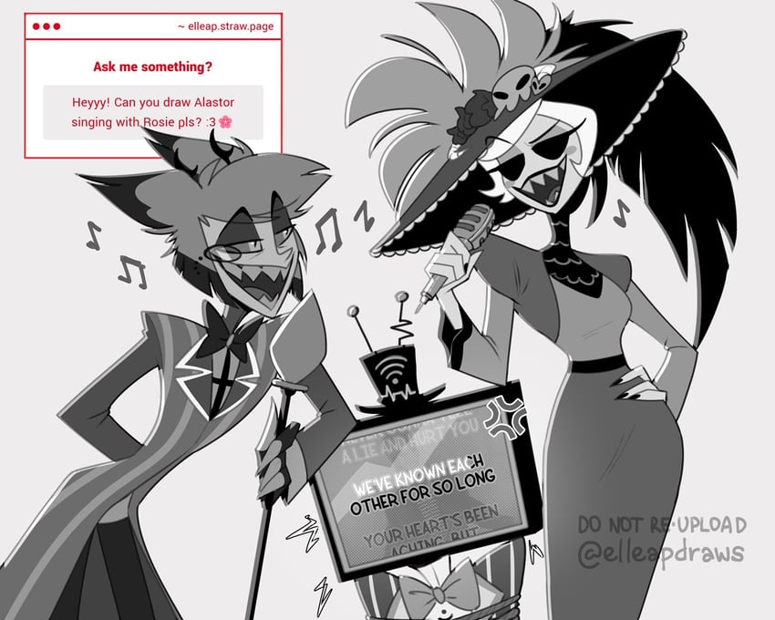 alastor, valentino, and rosie (hazbin hotel) drawn by elleapdraws