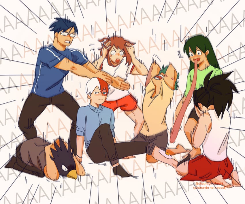midoriya izuku, uraraka ochaco, todoroki shoto, asui tsuyu, yaoyorozu momo, and 2 more (boku no hero academia) drawn by thatmightyheart