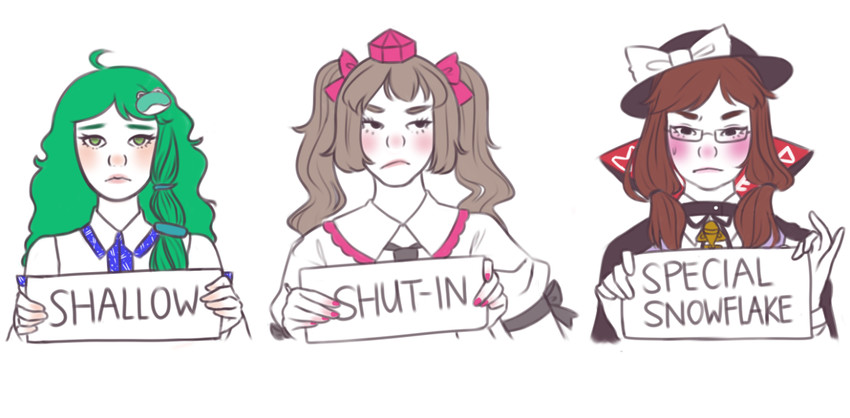 kochiya sanae, himekaidou hatate, and usami sumireko (touhou) drawn by spacemako