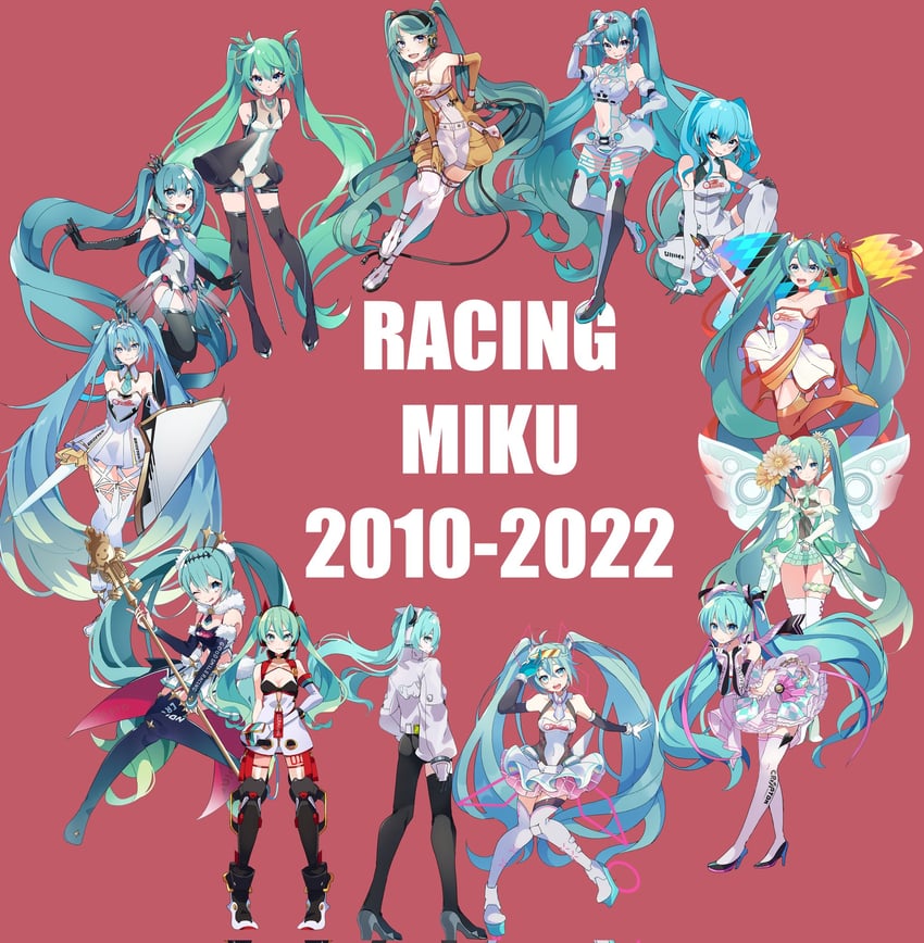 hatsune miku and racing miku (vocaloid and 1 more) drawn by kusunokimizuha