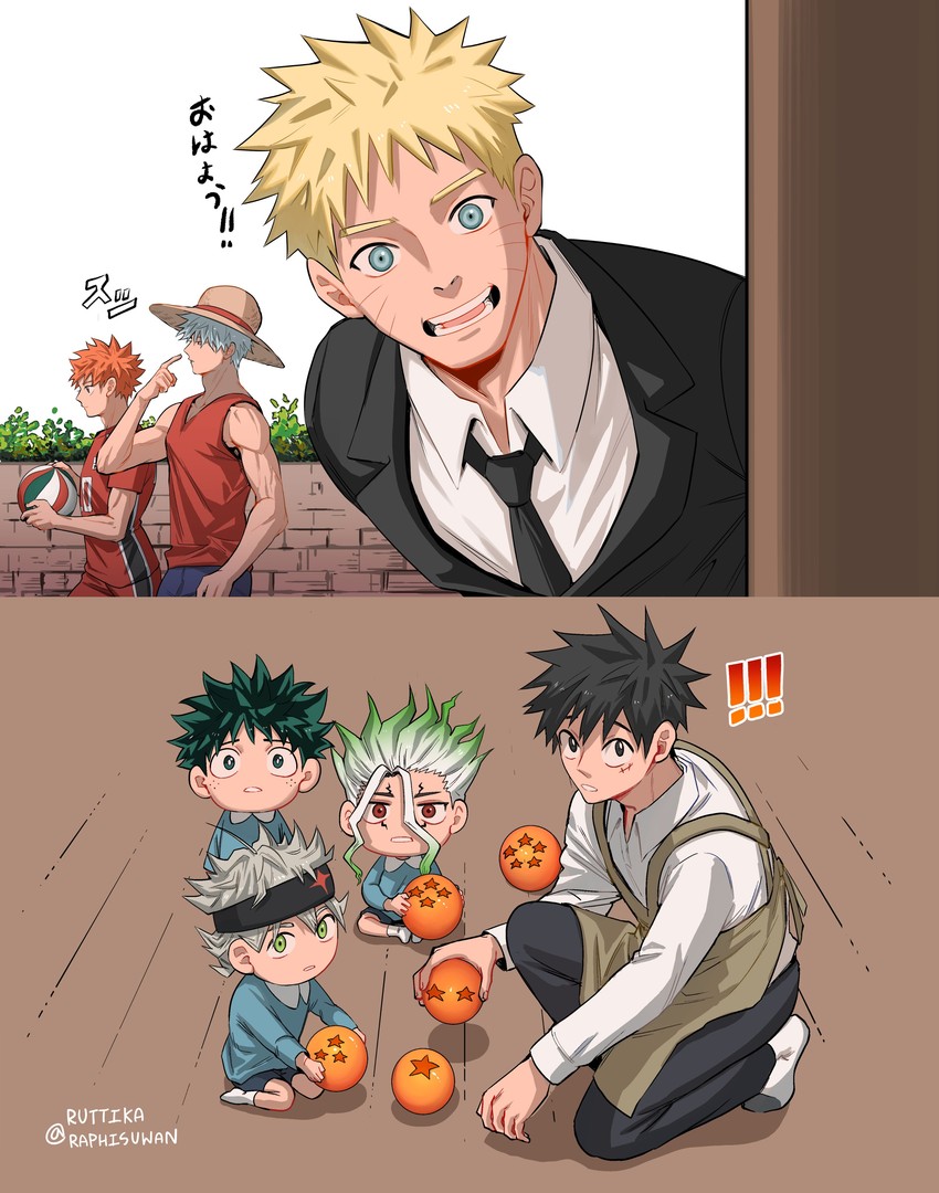 monkey d. luffy, midoriya izuku, uzumaki naruto, sakata gintoki, hinata shouyou, and 2 more (one piece and 7 more) drawn by ruttika_shin