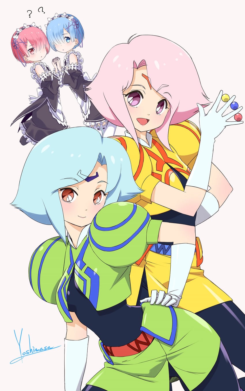 rem, ram, spica, and seneca (re:zero kara hajimeru isekai seikatsu and 1 more) drawn by yoshinaga_masahiro