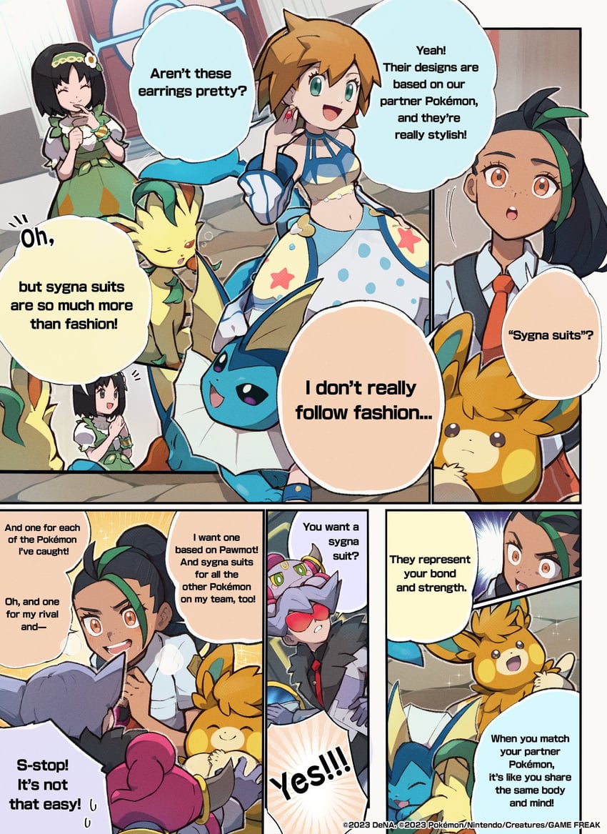 misty, vaporeon, nemona, leafeon, erika, and 3 more (pokemon and 2 more) drawn by genzou_(me_genzo)