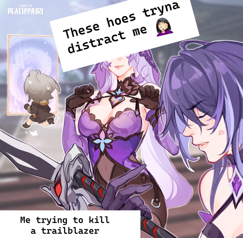trailblazer, stelle, acheron, and black swan (honkai and 1 more) drawn by peachyyuri
