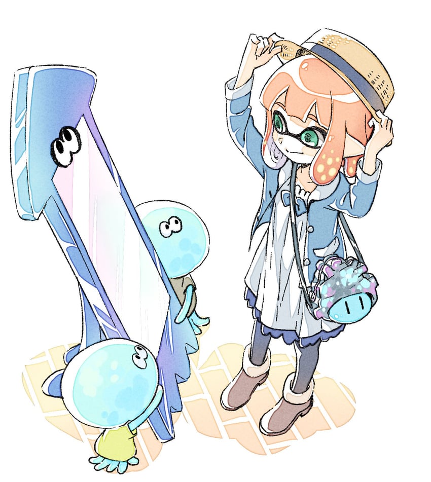 inkling player character, inkling girl, jellyfish, and super sea snail (splatoon) drawn by sen_squid