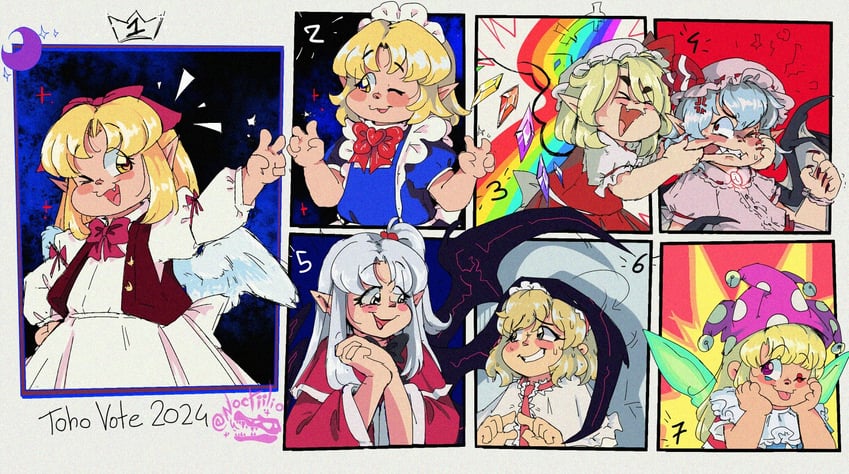 remilia scarlet, flandre scarlet, alice margatroid, clownpiece, shinki, and 2 more (touhou and 1 more) drawn by noctiilio