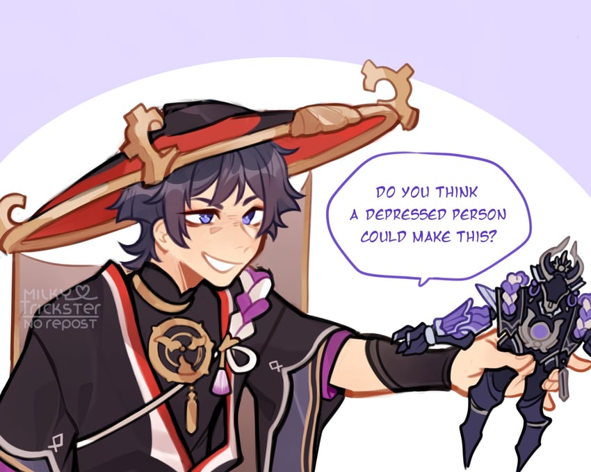 scaramouche (genshin impact and 1 more) drawn by milkytrickster