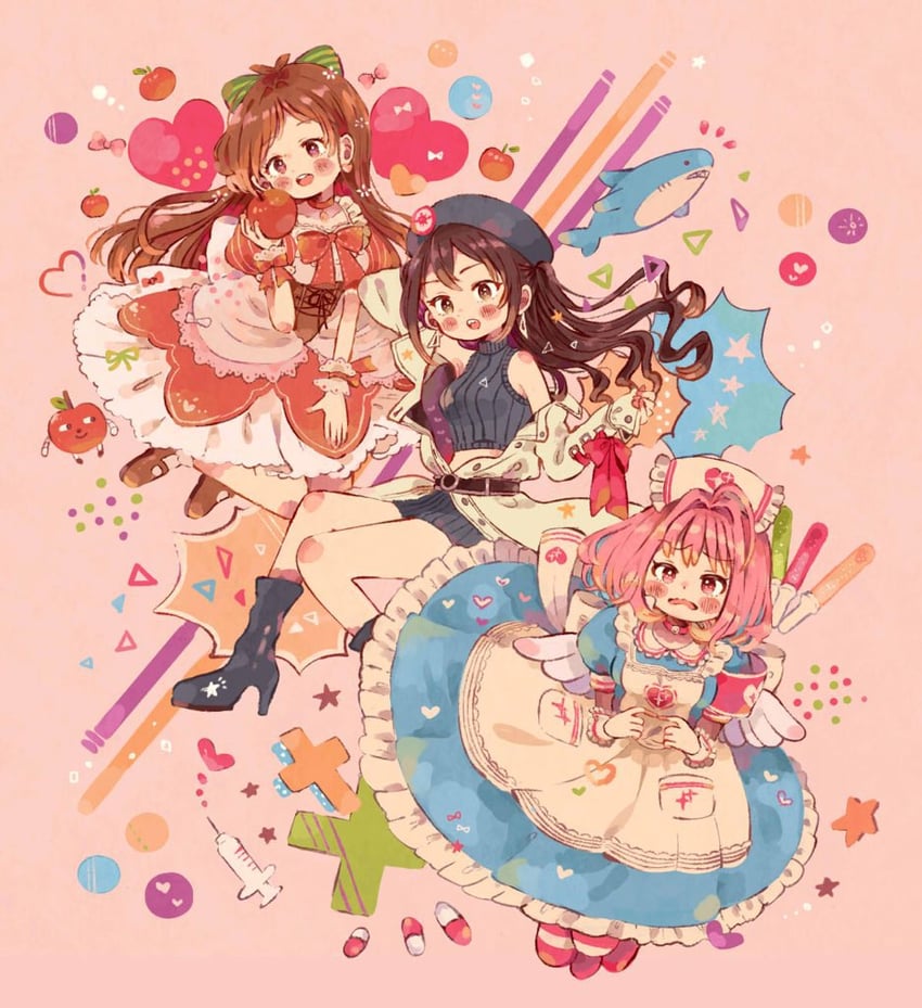 yumemi riamu, sunazuka akira, tsujino akari, and ringorou (idolmaster and 1 more) drawn by sumomo_030102