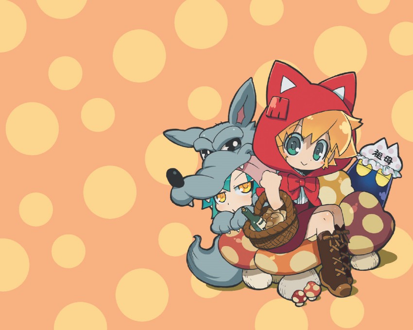 little red riding hood, big bad wolf, mega-chan, and tenchou (little red riding hood and 2 more) drawn by akatsuki_gomoku