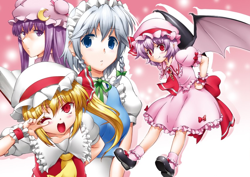 remilia scarlet, flandre scarlet, izayoi sakuya, and patchouli knowledge (touhou) drawn by henshako